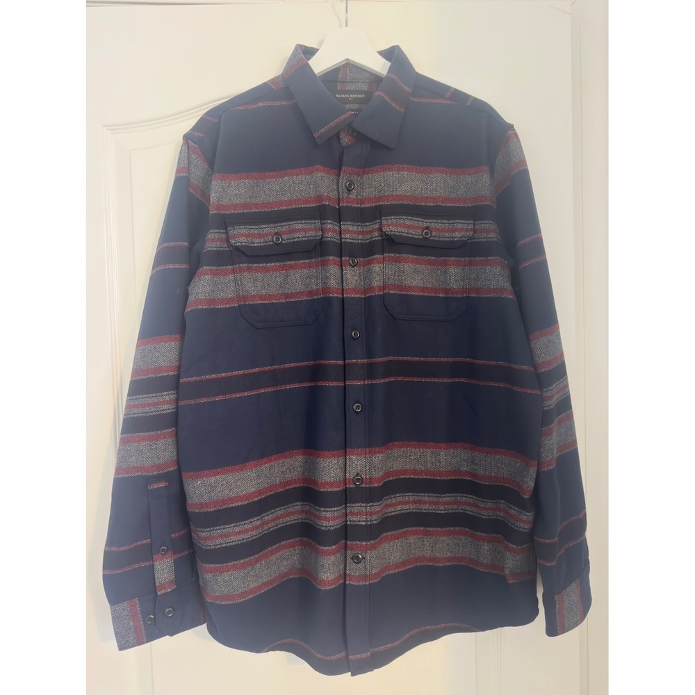 Banana Republic Striped Melton Shirt Jacket Button‎ Up Pockets L Tall